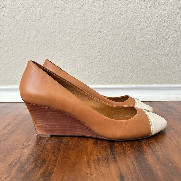 TORY BURCH Tiffy Two Tone Leather Wedge Pumps Cap Toe in Tan White - Picture 1 of 14